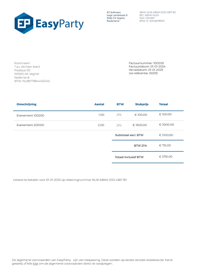 EasyParty factuur voorbeeld